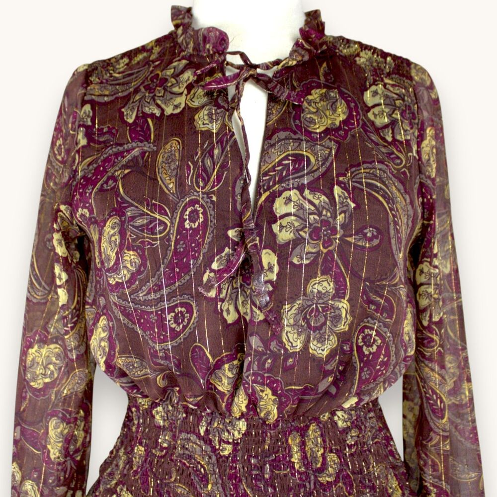 Jolie & Joy Sheer Boho Paisley Mini Dress Smocked Waist Burgundy Gold M - Picture 4 of 5